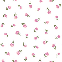 Cute small roses flowers and leaves simple vintage ditsy style of pink and green colors. Seamless pattern for textile, fashion fabric print for girl baby and woman dress, home decor, floral design