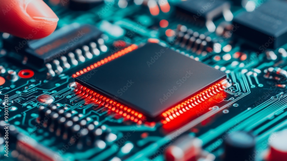 Poster close-up of a computer microchip on a circuit board, showcasing technological innovation and electro