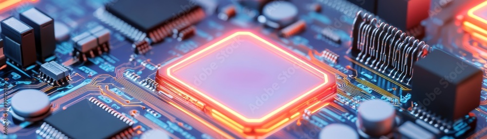 Poster close-up of a computer circuit board showcasing intricate details and glowing components, ideal for 