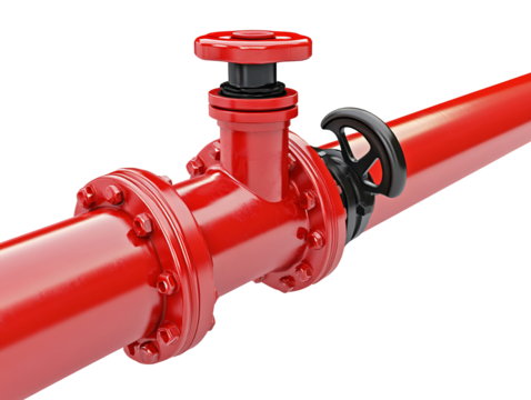 a red pipe with a valve