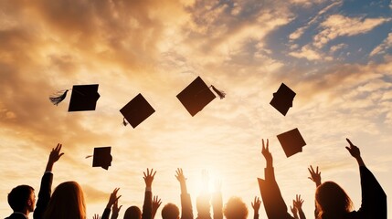 Celebration of graduates throwing caps against a beautiful sunset sky, symbolizing achievement and new beginnings.