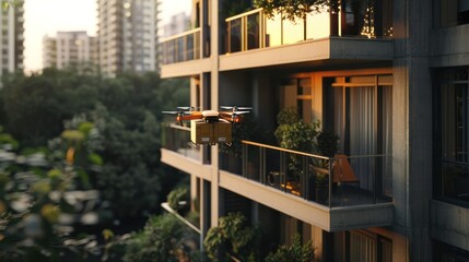 Fototapeta premium Drone delivering to a balcony (selective focus, urban logistics, ethereal, Manipulation, High-rise apartment)