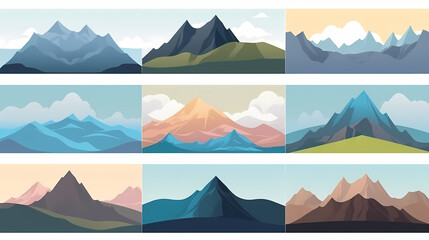 Mountain landscape vector illustration set, collection of mountains in flat design style