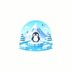 A penguin standing on ice with snowy mountains in the distance.