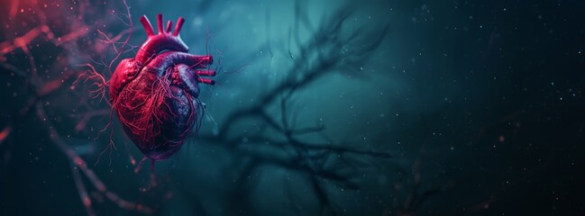 Realistic Digital Heart Model with Vascular System in Dark Background