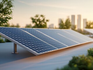 Close-up of solar panels with urban skyline in the background, showcasing renewable energy and sustainable technology.