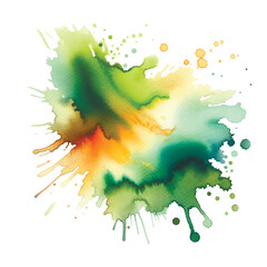 Bright green yellow colors watercolor splash splatter stain brush strokes on white background. Modern aquarelle spot.  Colorful isolated design on white. Element. Vector watercolor illustration.