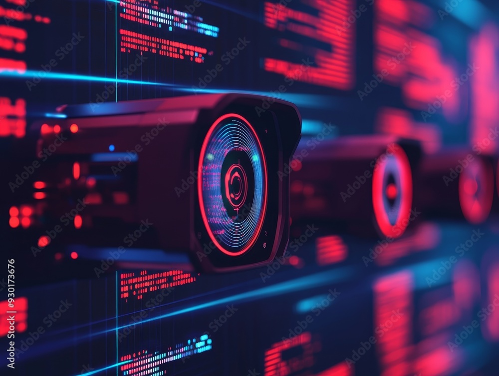 Poster close-up view of advanced technology cameras with glowing lights and data display, showcasing modern