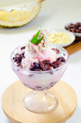 Red bean ice with durian on the table with the fruits