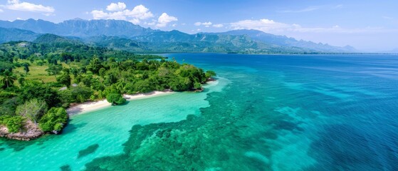  A bird's-eye perspective of an island surrounded by water, showcasing a sandy beach and mountainous backdrop