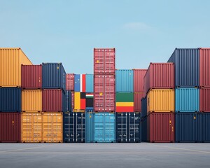 Colorful shipping containers stacked in a port against a clear sky, showcasing the logistics and transport industry.