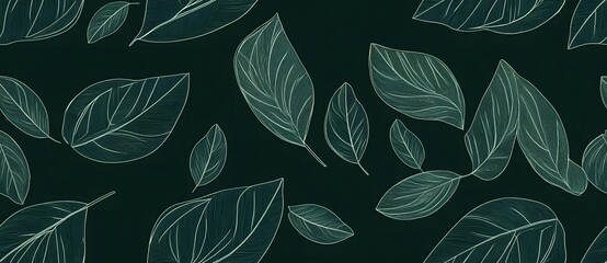 Obraz premium Line art pattern of leaves in dark green