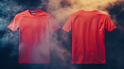 Dynamic Red Athletic T-Shirt Poster: Showcase Your Active Lifestyle with Breathable Mesh Texture Against Soft Smoke Background - Perfect for Sporty Home Decor!