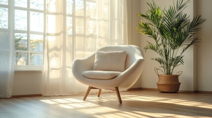 Cozy Modern Living Room with Sunlit Armchair and Indoor Plant Near Large Window