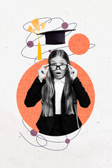 Composite collage image of funny amazed girl take off specs education studying school day shopping freak bizarre unusual fantasy billboard