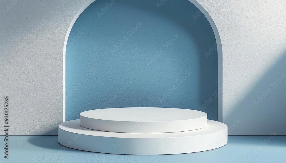 Poster a minimalistic display platform with a soft blue background, ideal for showcasing products in a mode
