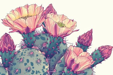 A detailed illustration of a cactus plant, highlighting its spines and blooming flowers in shades of pink and yellow