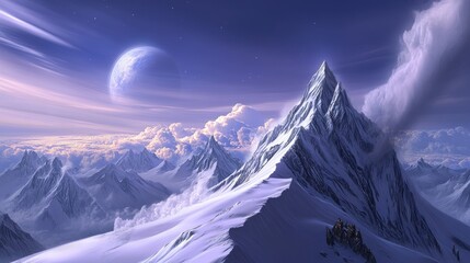 Experience the wonder of a fantastical landscape where majestic mountains rise beneath a luminous moonlit sky filled with soft clouds.