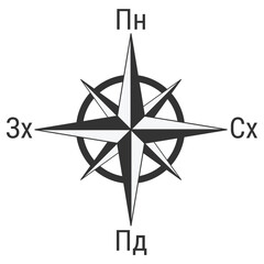 Fototapeta premium Compass rose or compass star icon with captions in ukrainian language. Rose of the winds icon isolated on white background