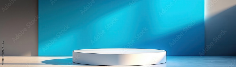 Poster minimalistic platform with soft lighting on a blue backdrop, ideal for showcasing products or artwor