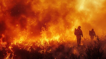 Firefighters advancing through flames and smoke (focus on, firefighting efforts, vibrant, Overlay, Grassland blaze)