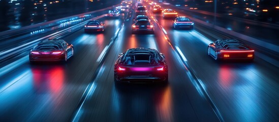 Fototapeta premium Futuristic Cars on a Neon-Lit Highway at Night with Vibrant Colors and Motion Blur