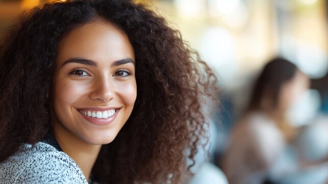 Radiant Young Woman with Beautiful Curly Hair Smiling in Cafe