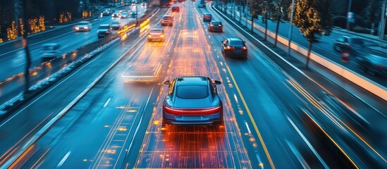 Fototapeta premium Futuristic Electric Car Driving on a Smart Highway with Digital Light Trails at Dusk