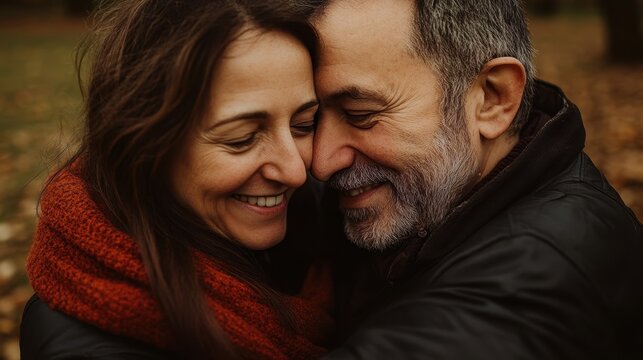 Autumn Embrace - Loving Mature Couple Enjoying Cozy Hug Outdoors