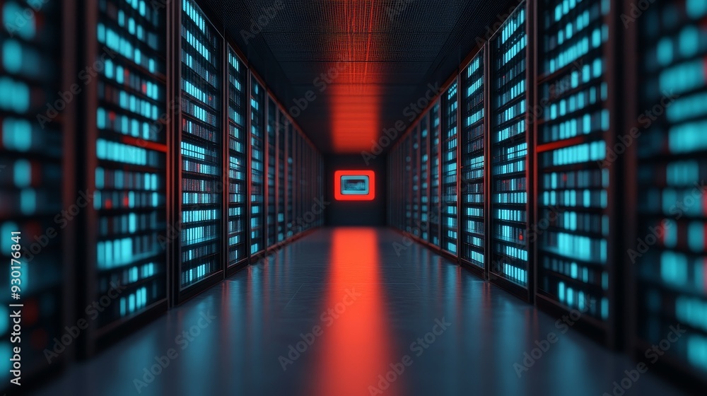 Poster futuristic data center interior with illuminated server racks and a glowing monitor, showcasing adva