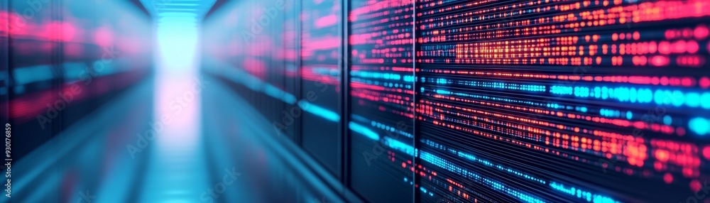 Poster futuristic data corridor showcasing vibrant lights and digital elements, symbolizing the advanced te