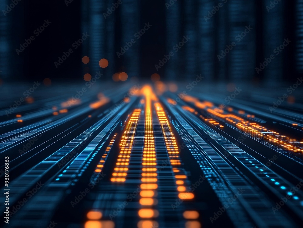 Poster futuristic data flow visualization with glowing blue and orange lines representing digital connectiv