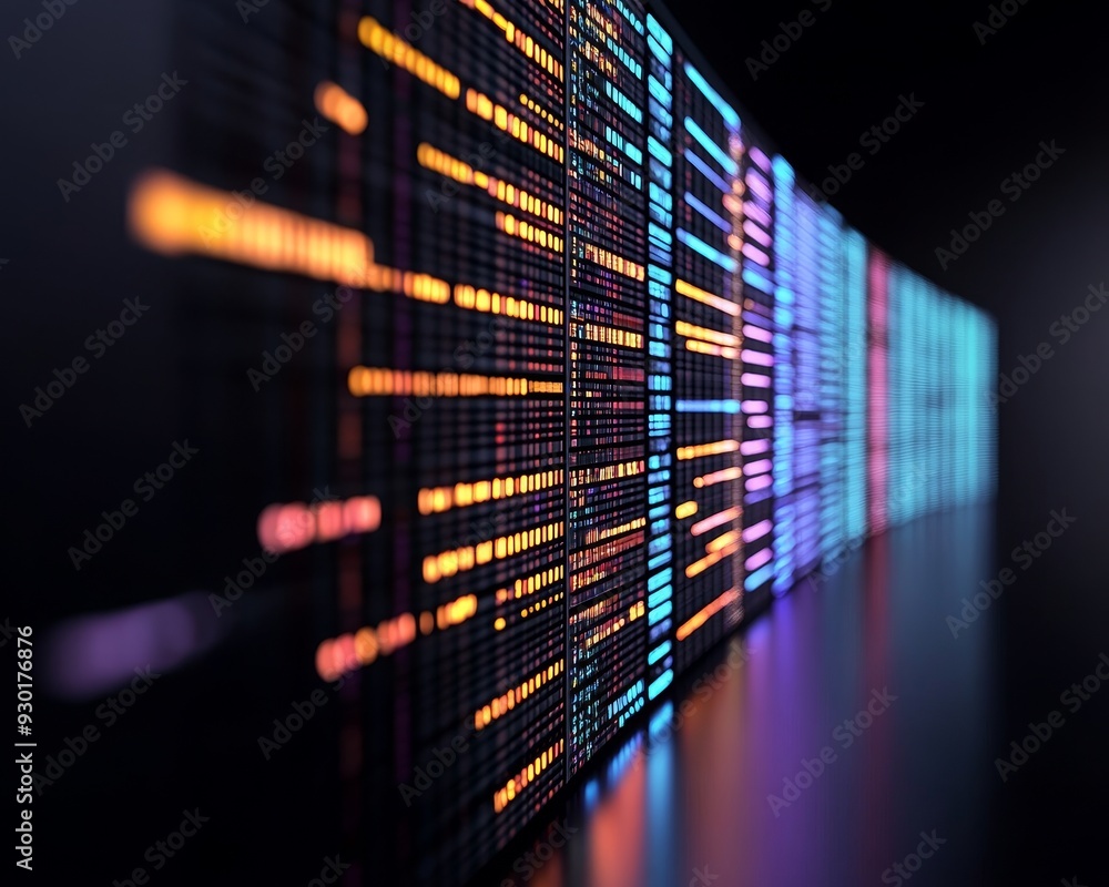 Poster futuristic data visualization with vibrant colors, showcasing a network of glowing lines and bars ex