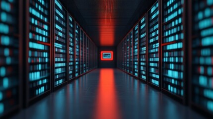 Futuristic data center interior with illuminated server racks and a glowing monitor, showcasing advanced technology.