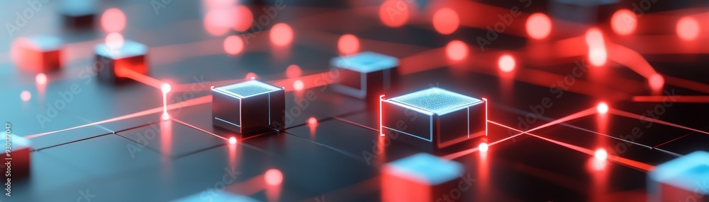 Poster futuristic digital network with glowing cubes and lines, representing technology and connectivity in
