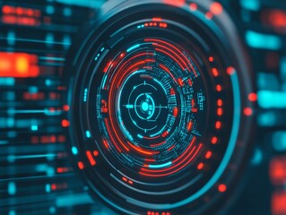 Obraz premium Futuristic digital interface showcasing vibrant blue and red circular patterns, embodying technology and innovation.