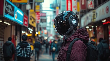 Urban Android in Distressed Style: Perfect Poster for Sports Interior, Showcasing a Sleek Black-Headed Figure in a Bustling City Alley with Vibrant Signage and Edgy Street Fashion.