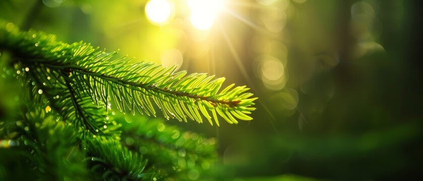  A pine branch, sunlit leaves against bright sunbackground