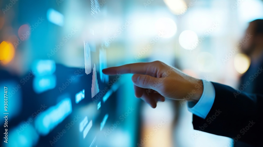 Poster a person in business attire uses a touchscreen display, engaging with digital data in a contemporary