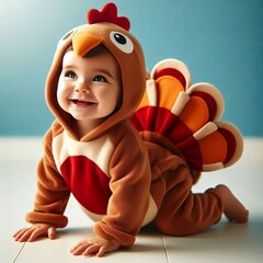 Adorable Toddler Dressed as a Turkey Poses Gleefully in a Cozy Setting, Capturing the Joy of Childhood and Festive Spirit