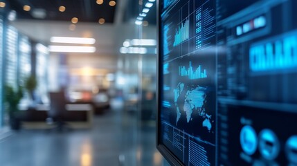 A digital screen shows colorful data visualizations and global maps in a contemporary office space filled with natural light