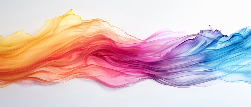  Multicolored wave of smoke against white backdrop, formed as a rainbow hue by its constituent colors