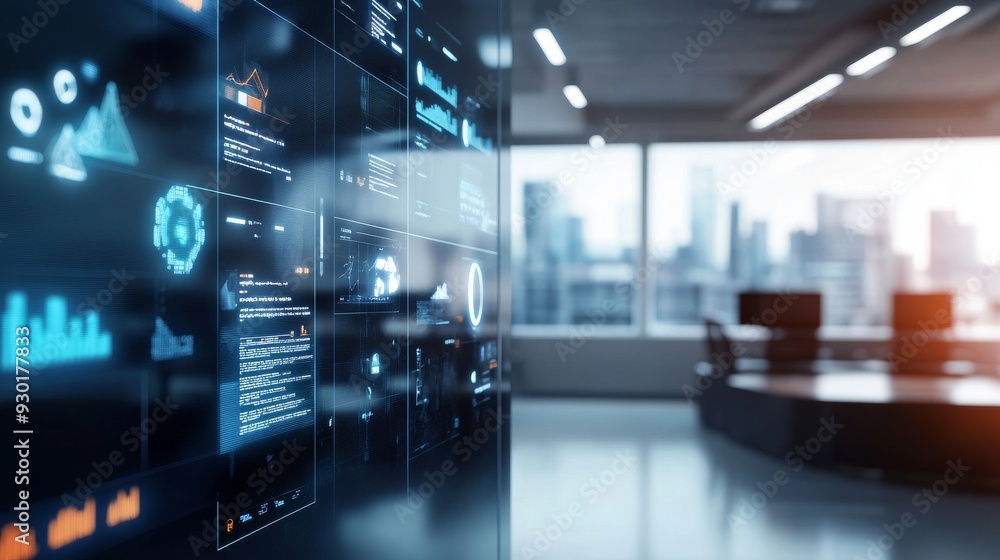 Poster a bright office features digital displays showing analytics and data, with a city skyline visible th