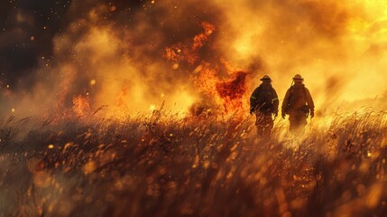 Fototapeta premium Firefighters walking through smoldering grass (focus on, firefighting scene, whimsical, Multilayer, Rural landscape)