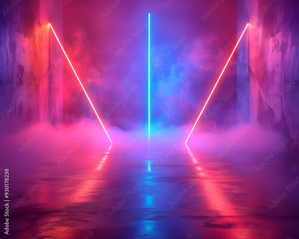 Poster minimalist neon backdrop with geometric light shapes for tech product concept display