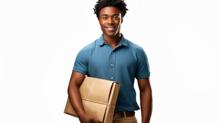 A cheerful delivery person in a tan uniform and cap holds a small box against a light background in a bright studio