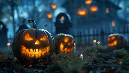 pumpkins in graveyard in the spooky night
