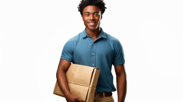 A cheerful delivery person in a tan uniform and cap holds a small box against a light background in a bright studio