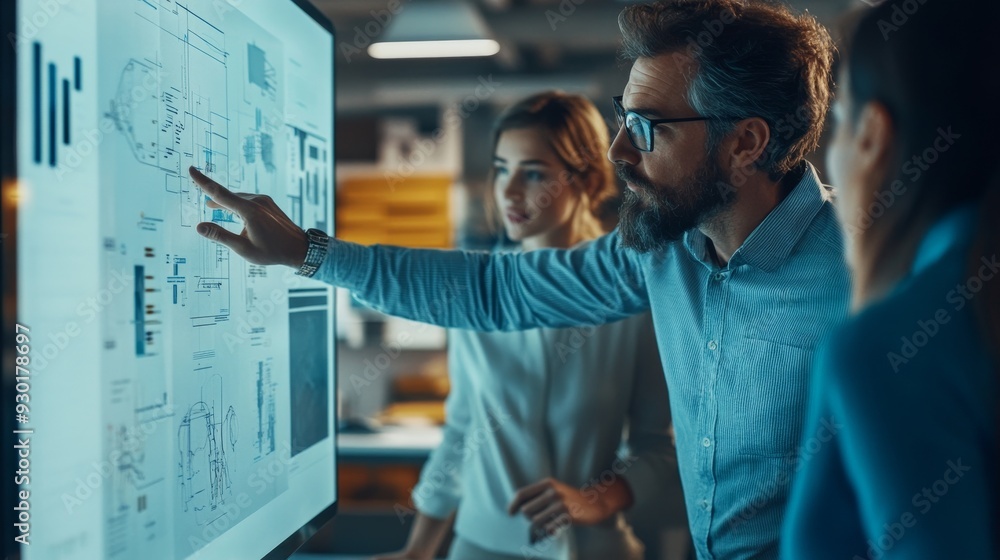 Poster a team collaborates and shares insights on project plans displayed on a large screen in a well-lit o