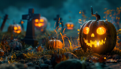 Fototapeta premium pumpkins in graveyard in the spooky night